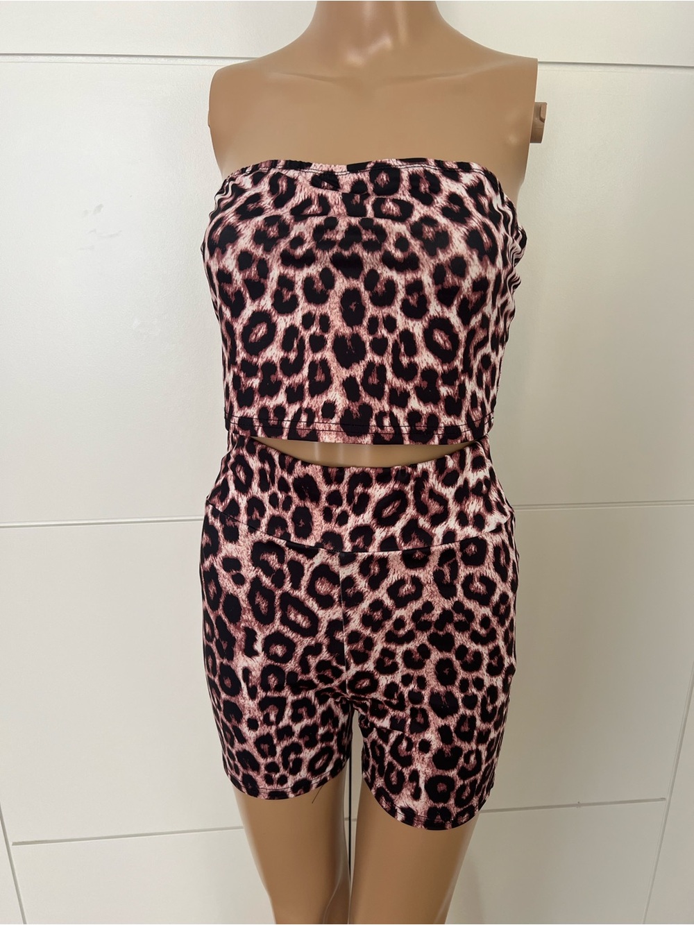 Leopard Print Strapless Crop Top & Biker Short Set